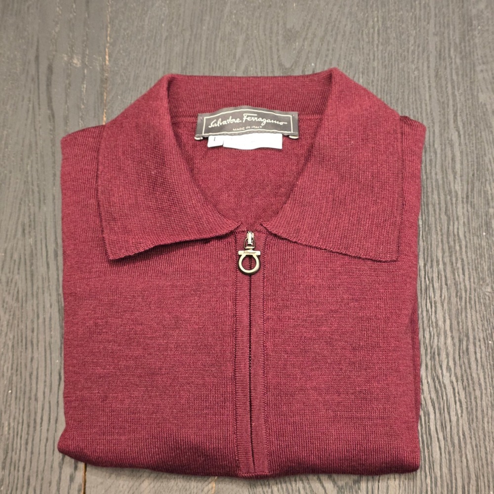 Salvatore Ferragamo Mens Burgundy 100% Virgin Wool 1/4 Zip Polo Sweater L Italy